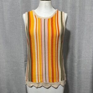 Cotton Blend Sleeveless Sweater-Multi Stripe/Scalloped Bottom Hem-Lightweight